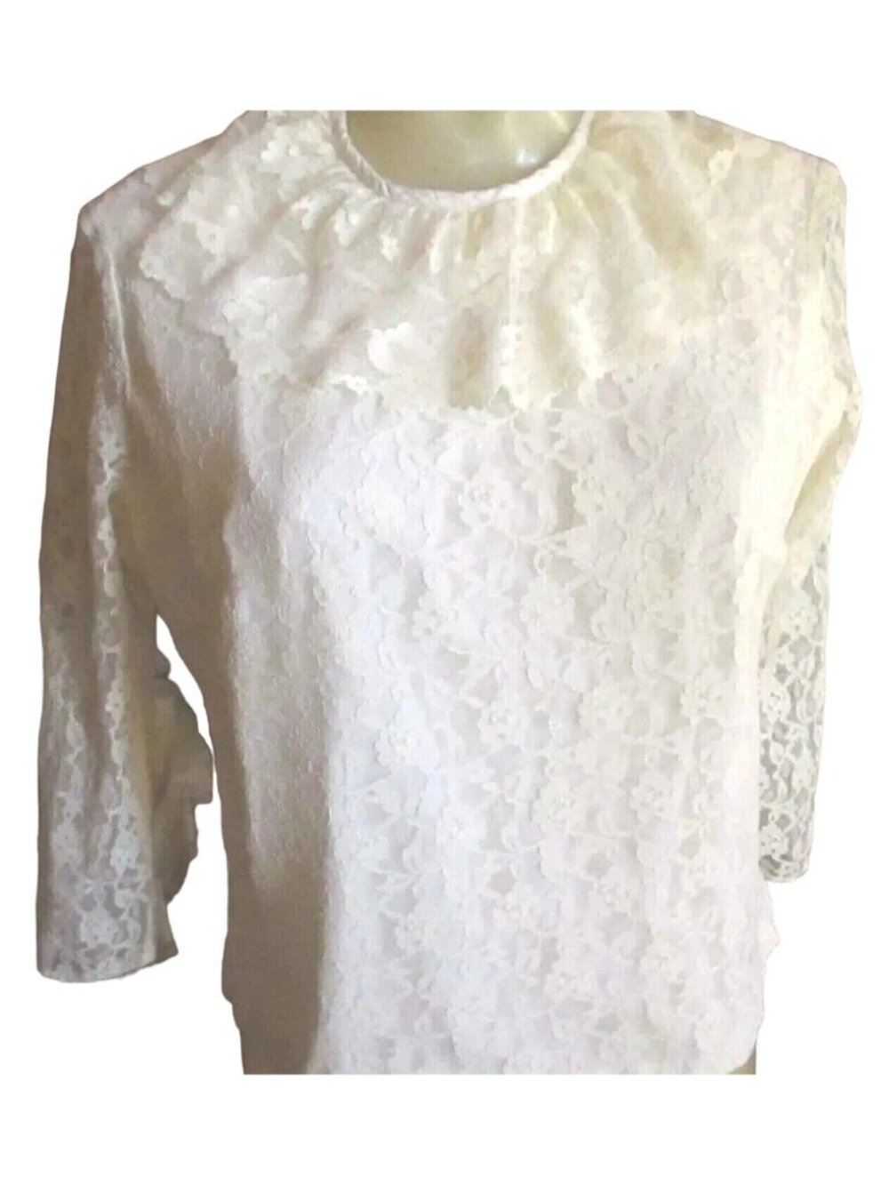 Vintage Womens Top Medium Goth Granny 1970's Lace MODE O DAY NET SLEEVE White
